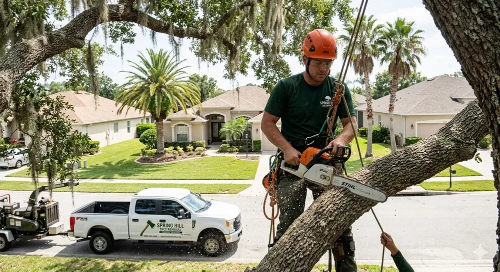 Certified arborist working in a tree with truck below