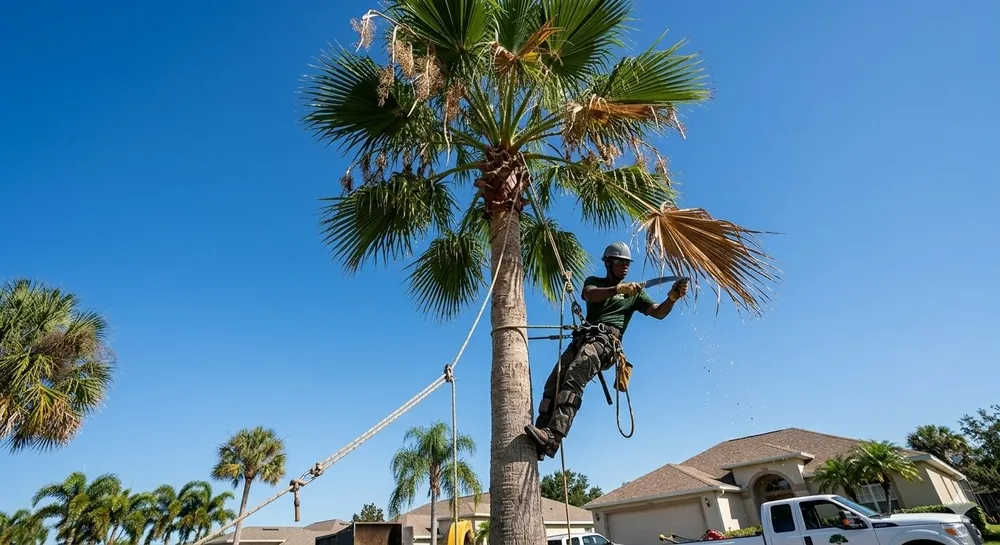 Arborist trimming a palm tree in Spring Hill, FL
