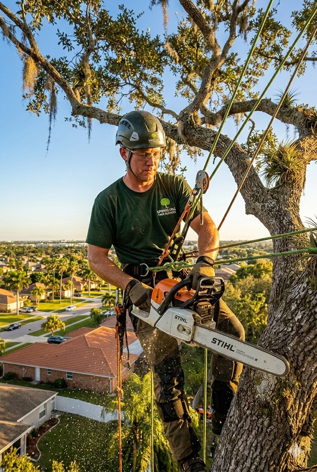 Spring Hill certified arborist climbing oak tree with STIHL chainsaw - 17+ years serving Hernando County