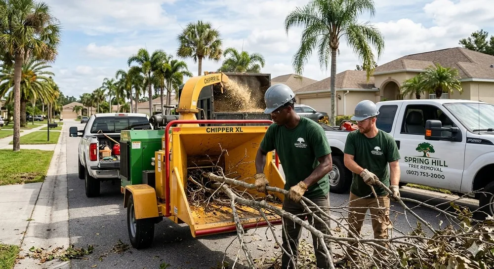 Crew chipping tree debris into a wood chipper in Spring Hill