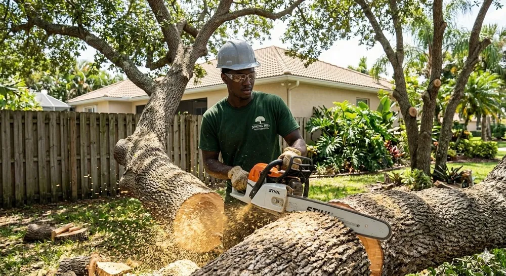 Arborist cutting a fallen oak in a Hernando County backyard